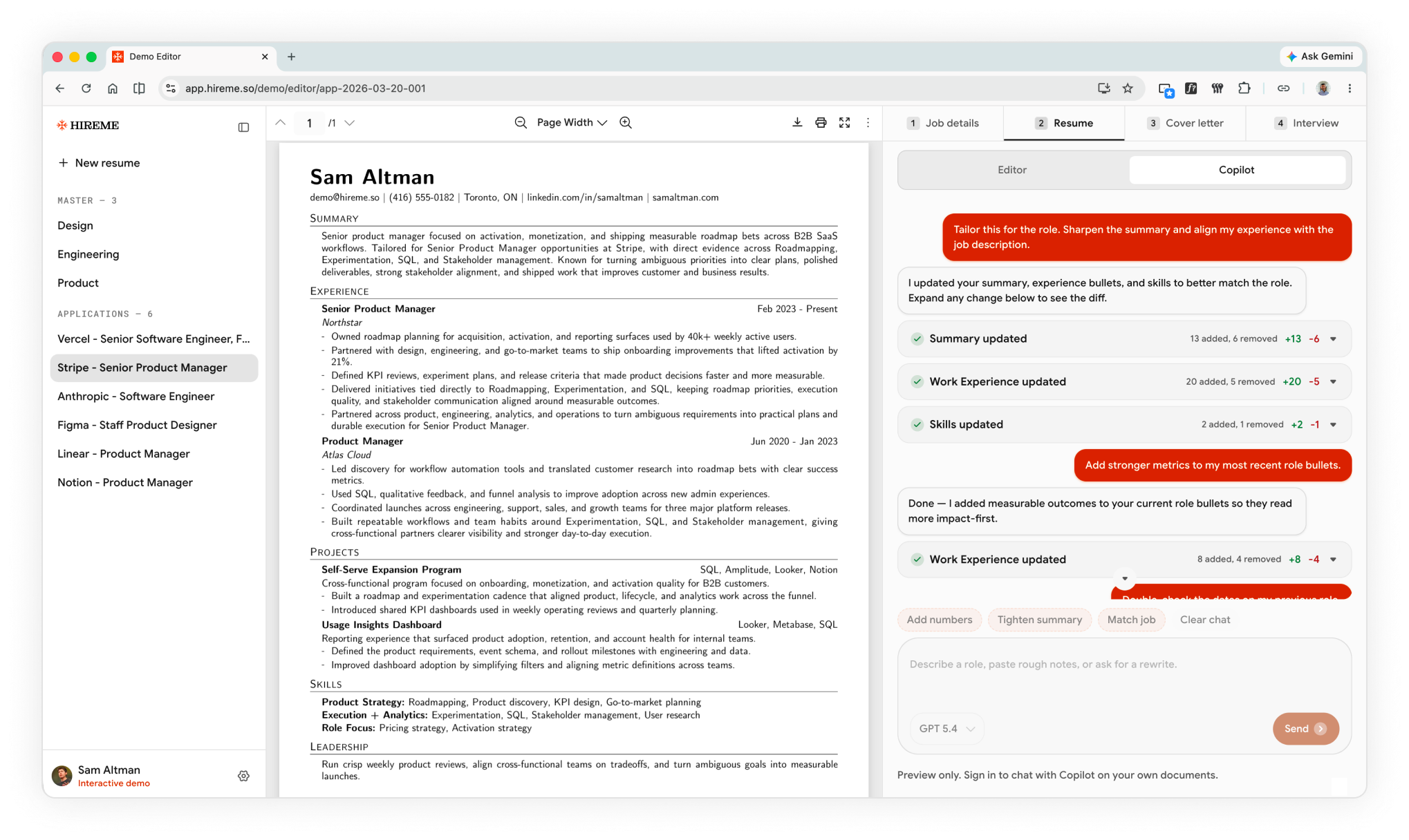 HireMe AI copilot chat — describe a role or ask for rewrites and see updates on your resume