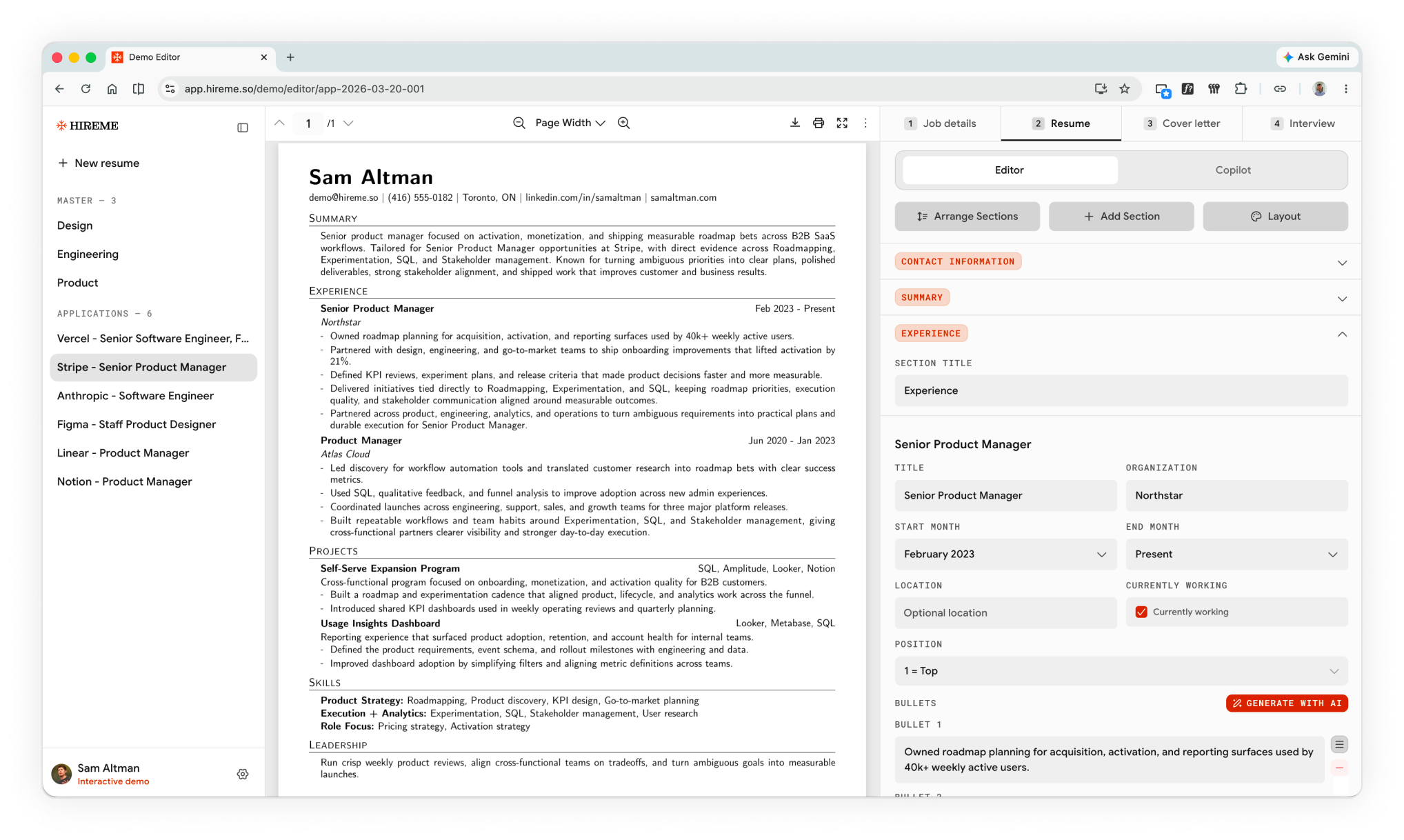 HireMe AI resume builder showing a tailored resume editor